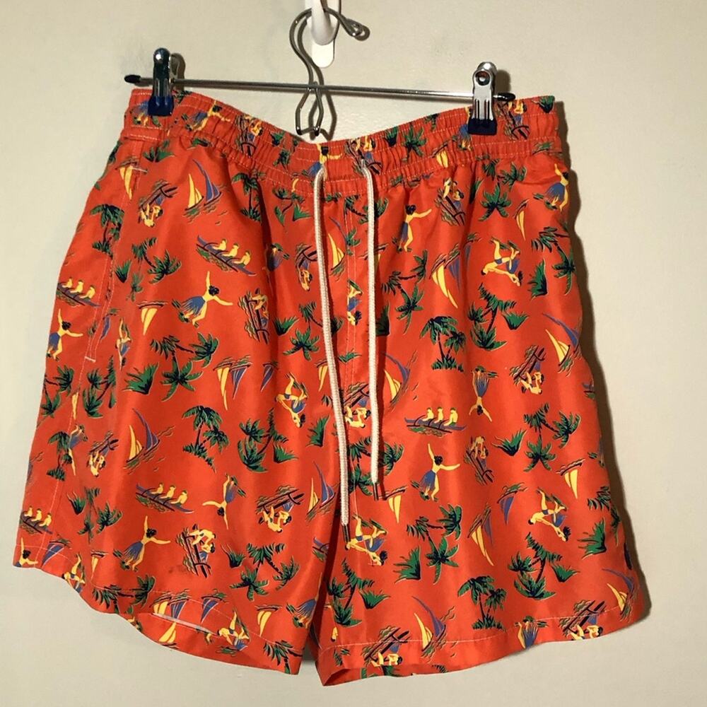 Polo Ralph Lauren mens XL orange Hawaiian print swim trunks hula palm trees